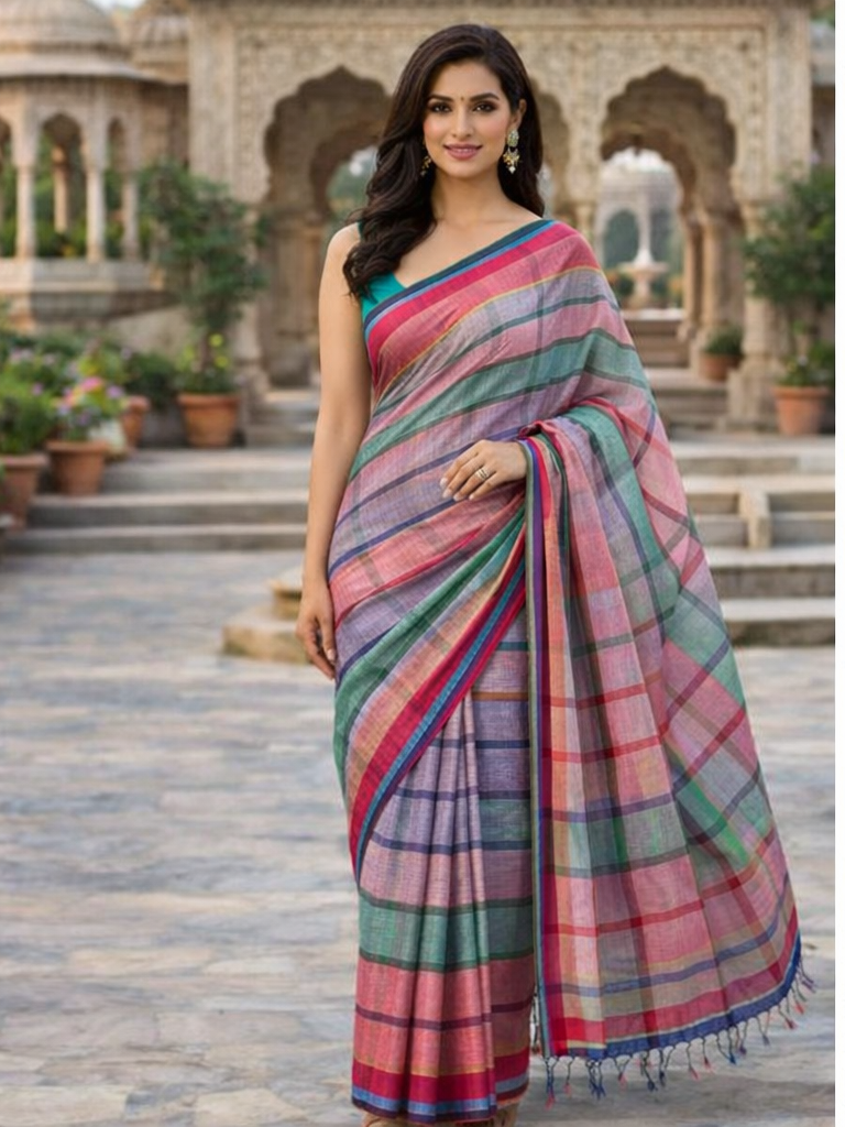 Handloom Cotton Gamcha Saree – Traditional Multicolor Check Pattern | Lightweight & Comfortable