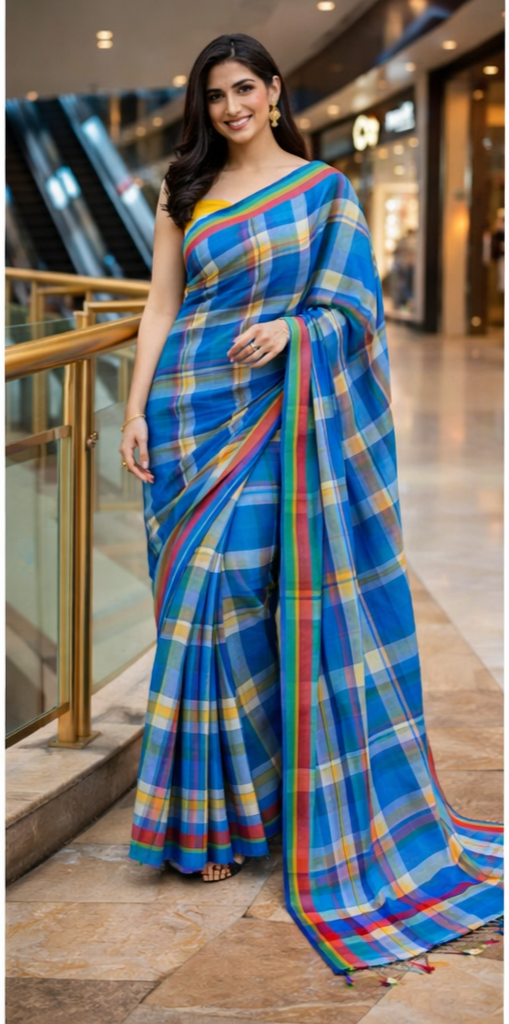 Handloom Cotton Gamcha Saree – Traditional Multicolor Check Pattern | Lightweight & Comfortable